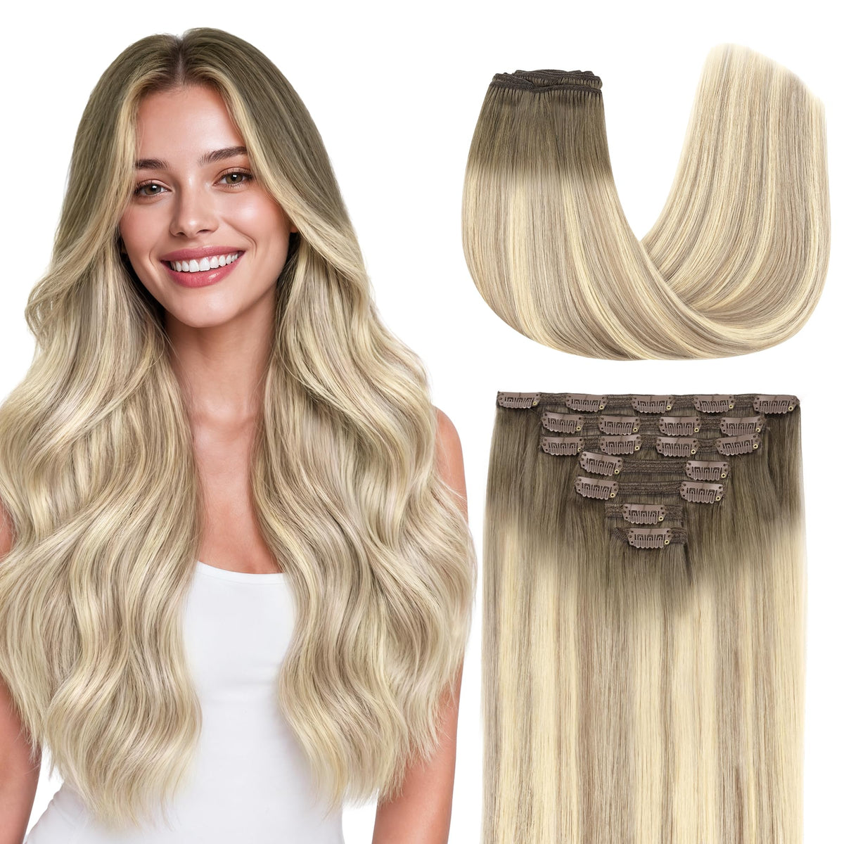 GOO GOO Clip in Hair Extensions 26inch Iced Latte Cream Blonde front view