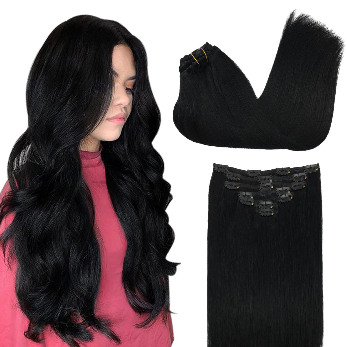 GOO GOO Clip in Hair Extensions 26inch jet black front view