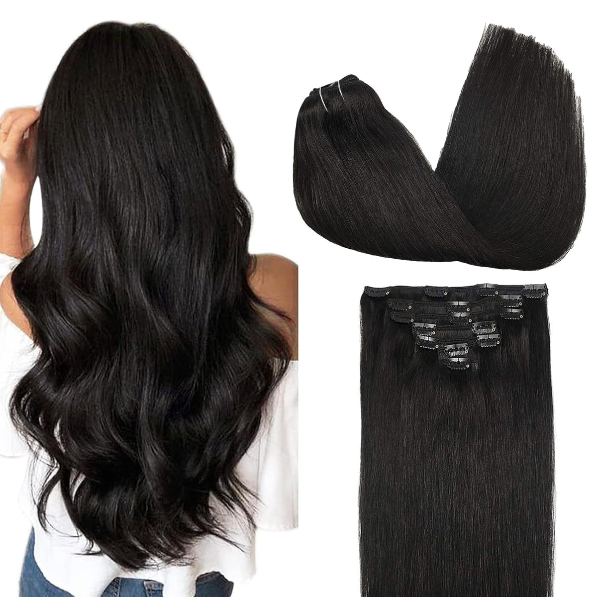 GOO GOO Clip in Hair Extensions 26inch natural black front view