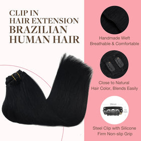 GOO GOO Clip in Hair Extensions 28inch Jet Black close-up of clips