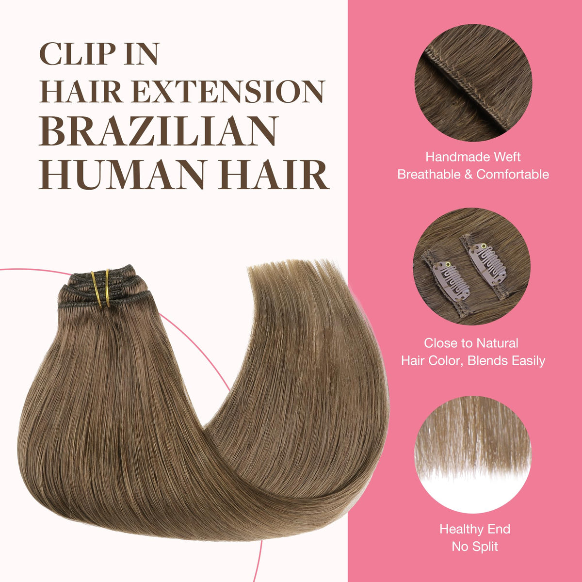 GOO GOO Clip in Hair Extensions 5 Light Ash Brown close-up