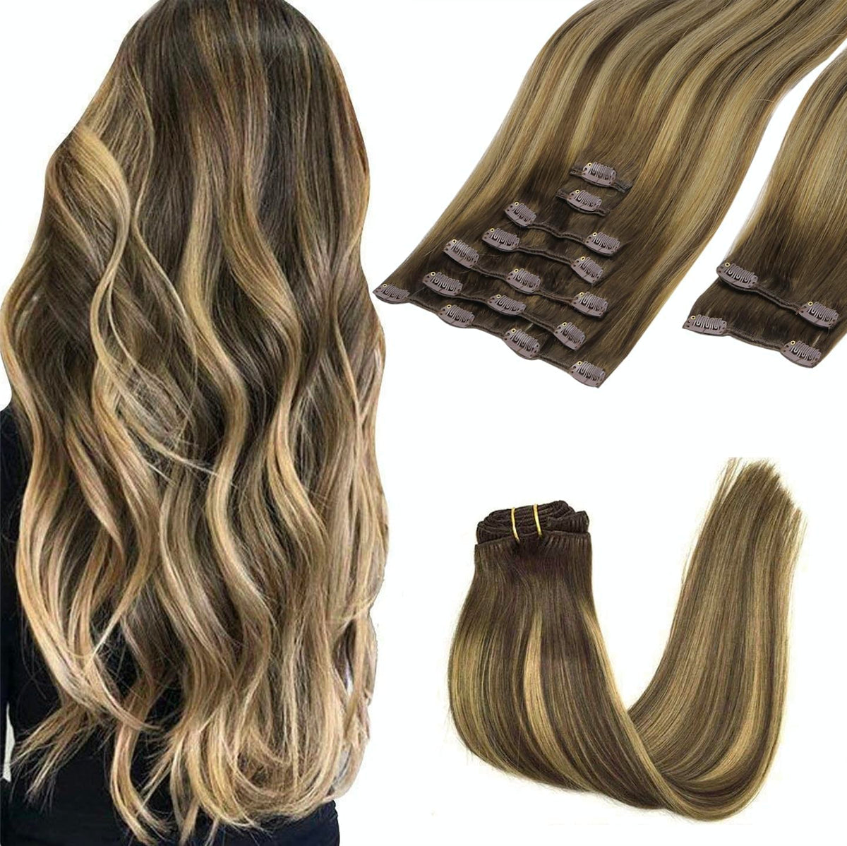 GOO GOO Clip in Hair Extensions front view, 16inch 150g Balayage