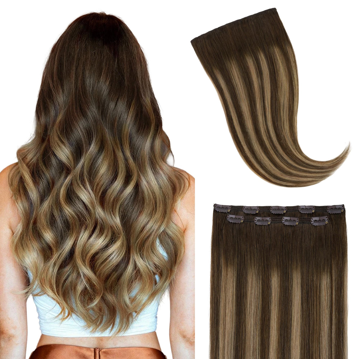 GOO GOO Clip in Hair Extensions front view in balayage colour
