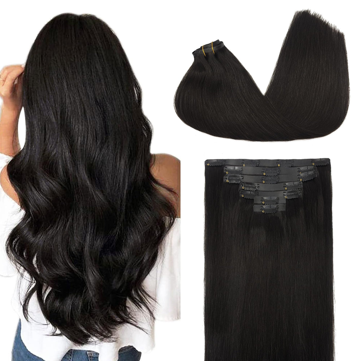 GOO GOO Clip in Hair Extensions front view in Natural Black