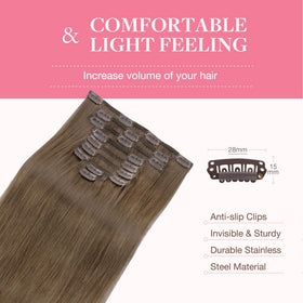 GOO GOO Clip in Hair Extensions in Light Ash Brown on display