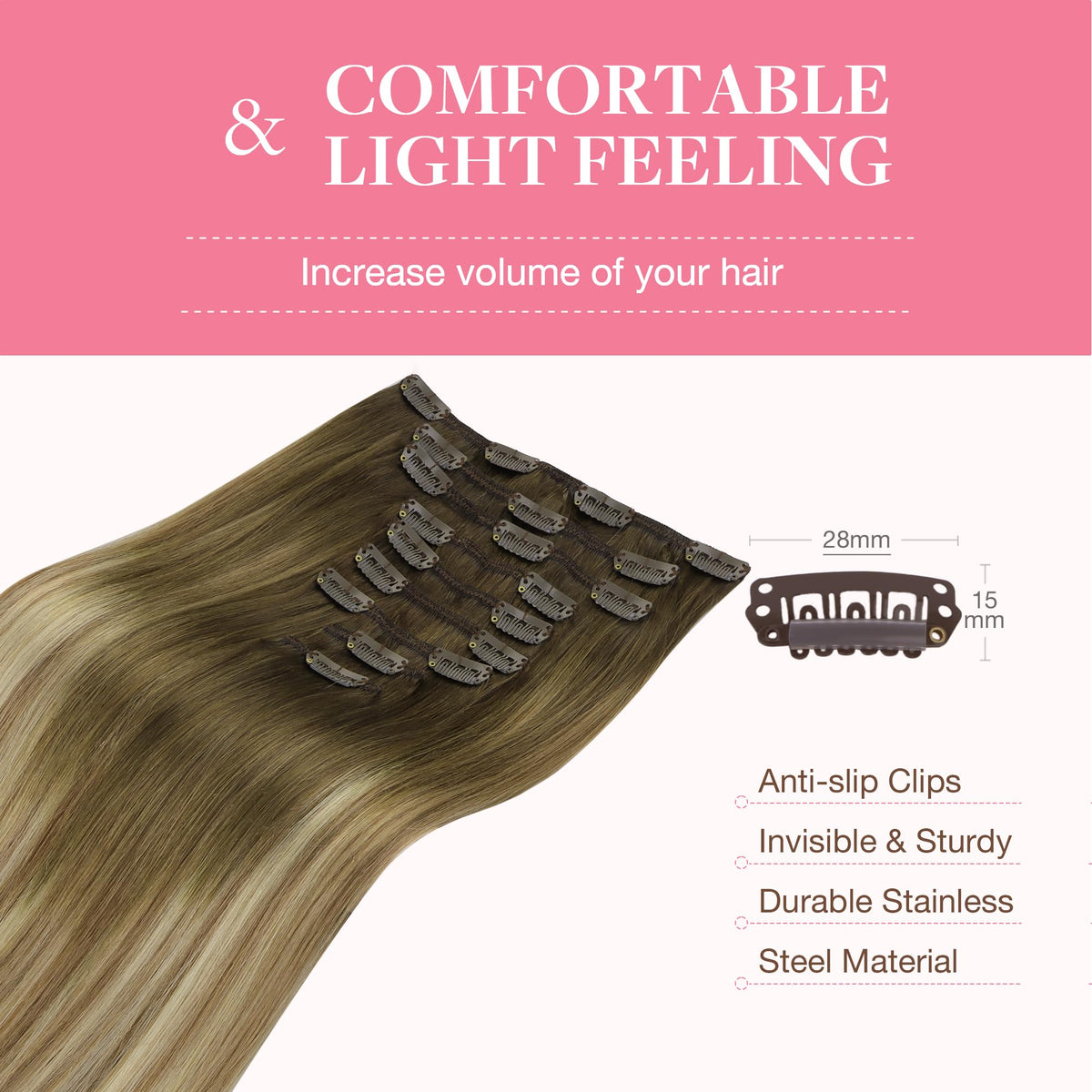 GOO GOO Clip in Hair Extensions showing length and thickness
