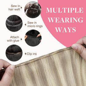 GOO GOO Sew In Hair Extensions displayed with styling tools