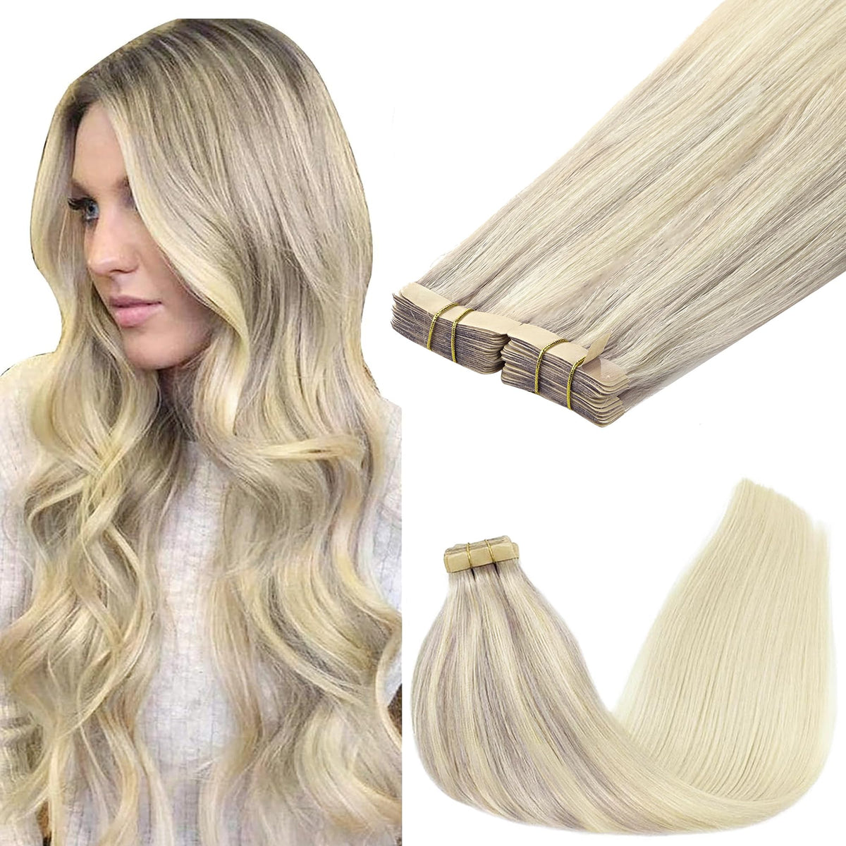 GOO GOO Tape in Hair Extensions 10 inch Ash Blonde to Platinum Blonde front view