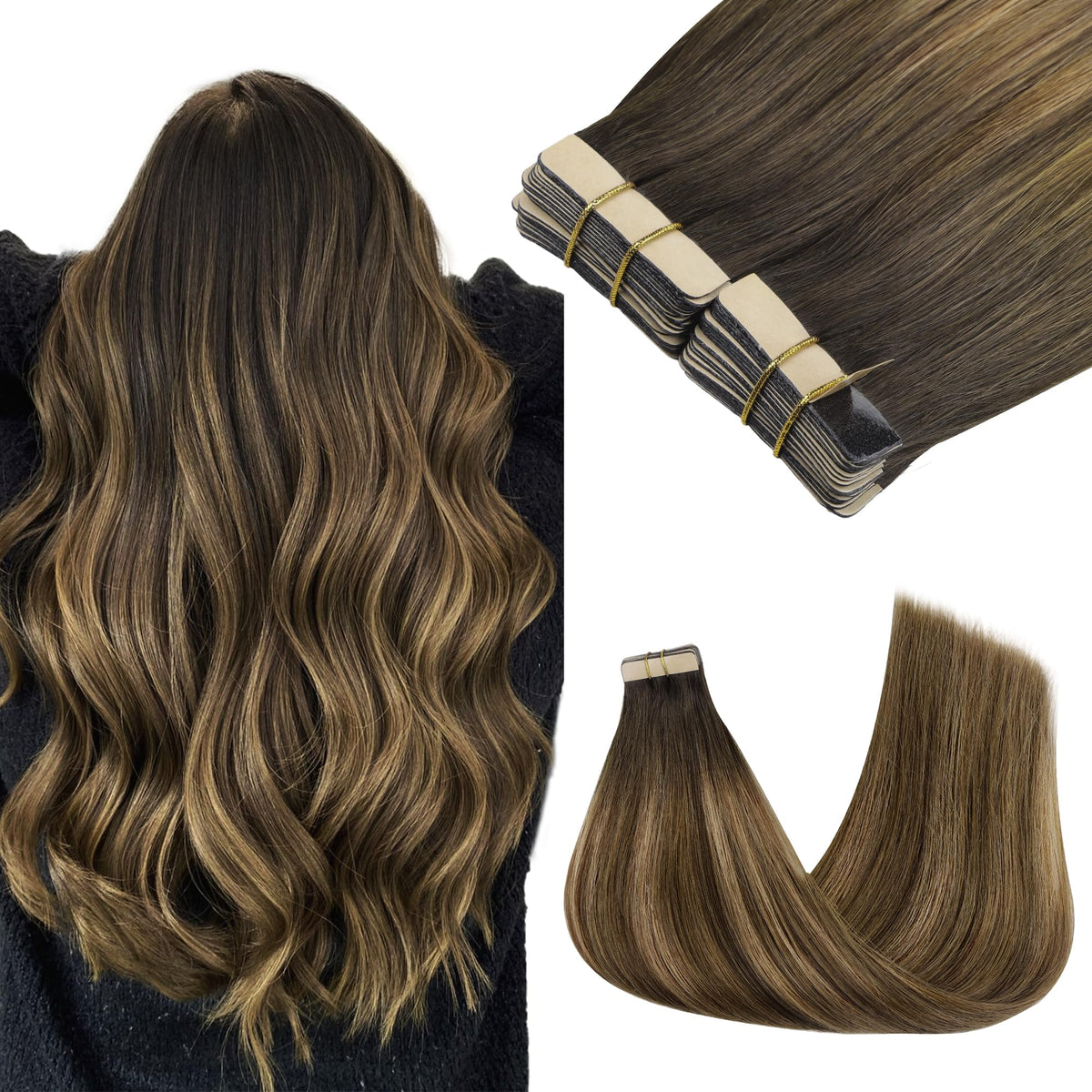 GOO GOO Tape in Hair Extensions 12 inch Brunette Balayage front view