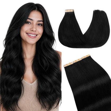 GOO GOO Tape in Hair Extensions 14 inch jet black front view