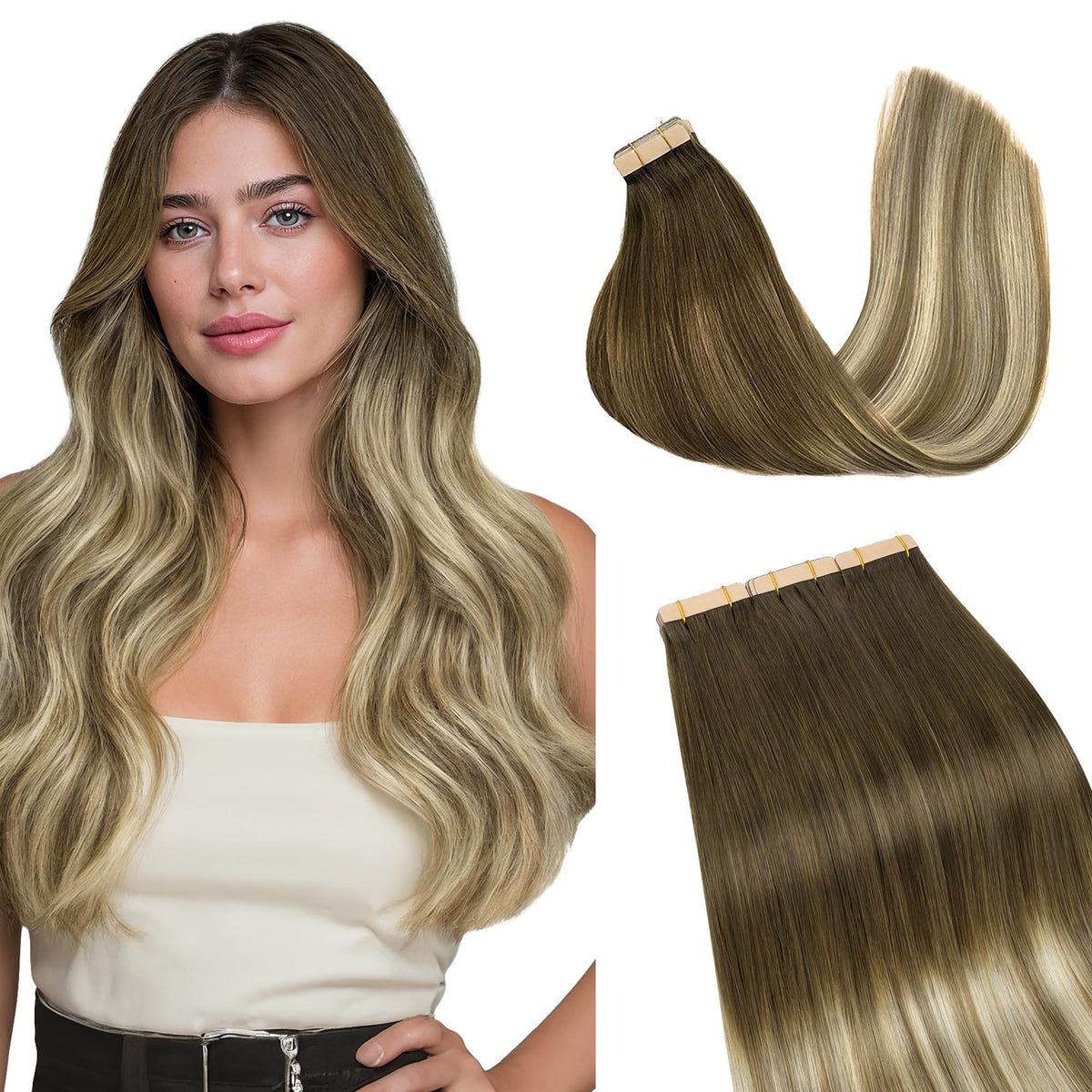 GOO GOO Tape in Hair Extensions 14in Balayage Walnut to Ash Brown front view