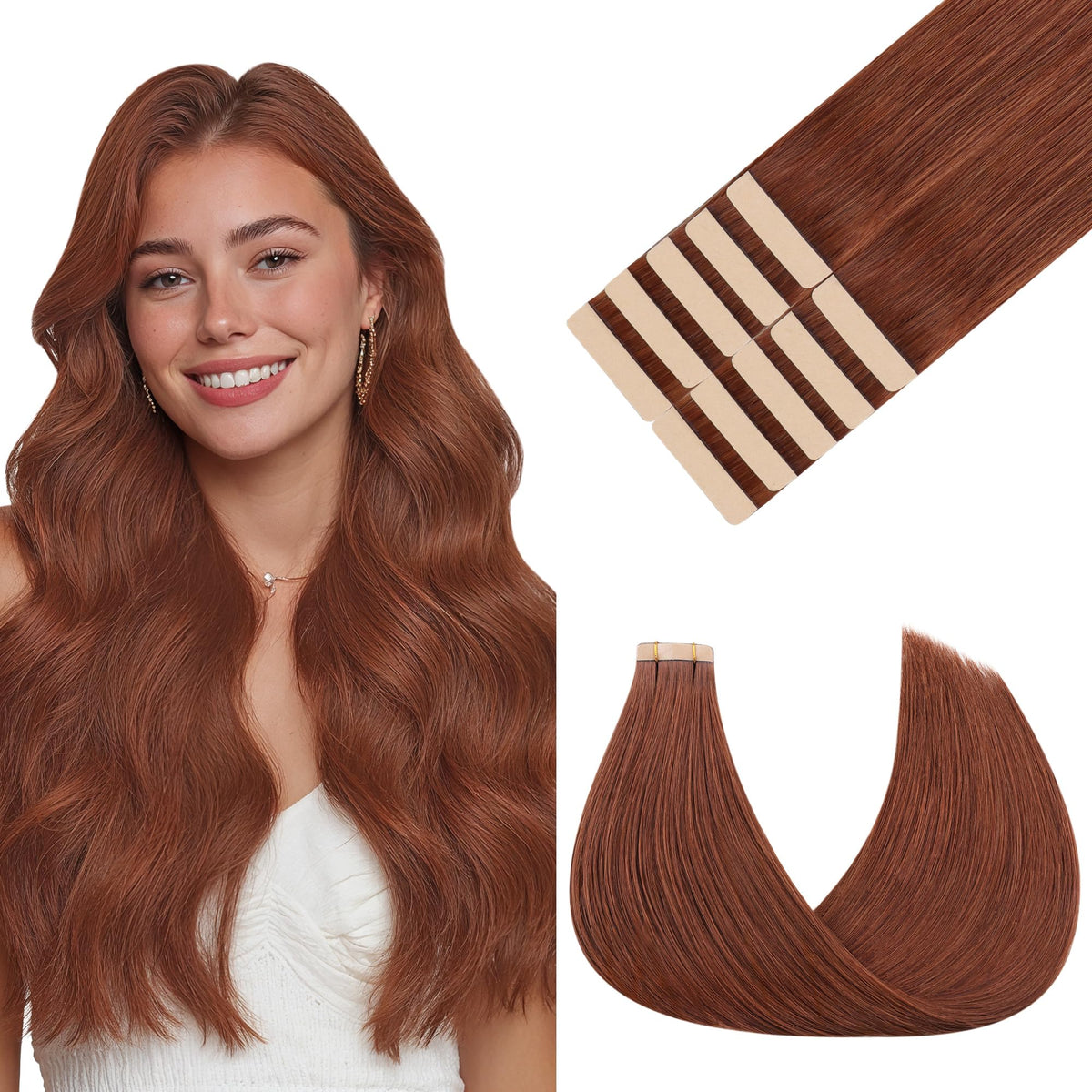 GOO GOO Tape in Hair Extensions 14inch Dark Auburn Copper front view