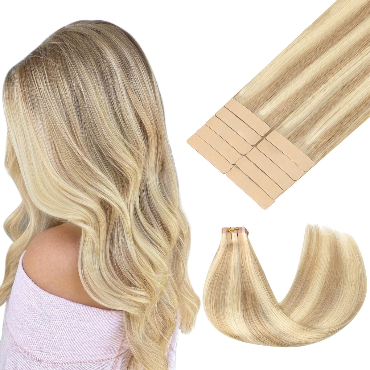 GOO GOO Tape in Hair Extensions 14inch Dark Blonde Highlighted front view