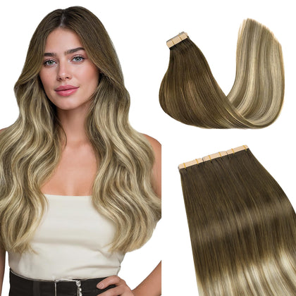 GOO GOO Tape in Hair Extensions 16in Balayage Walnut to Ash Brown front view