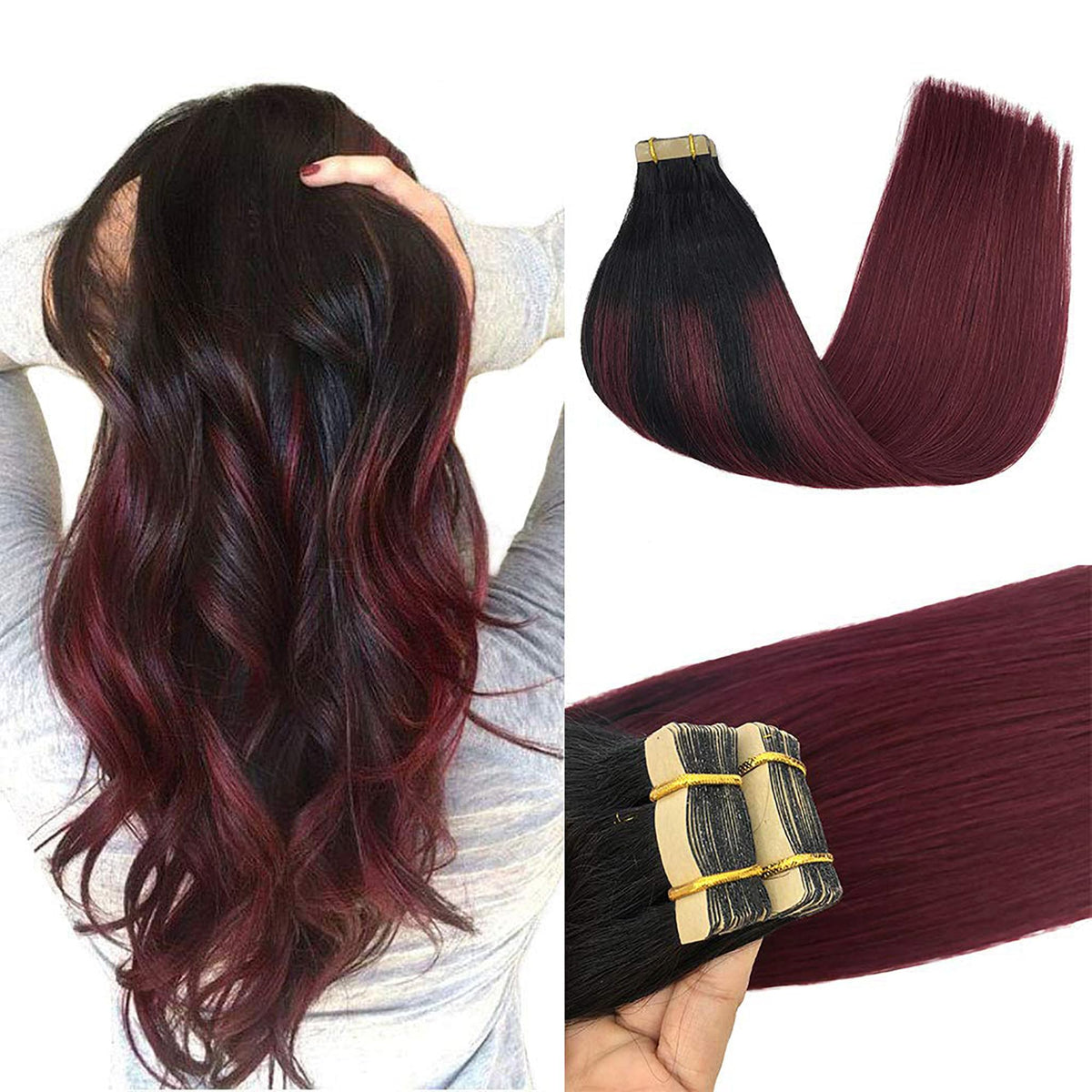 GOO GOO Tape in Hair Extensions 16inch #1/99J Balayage front view