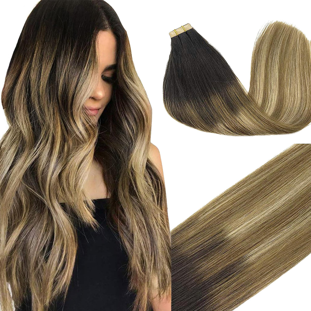 GOO GOO Tape in Hair Extensions 16inch balayage brown to dirty blonde front view