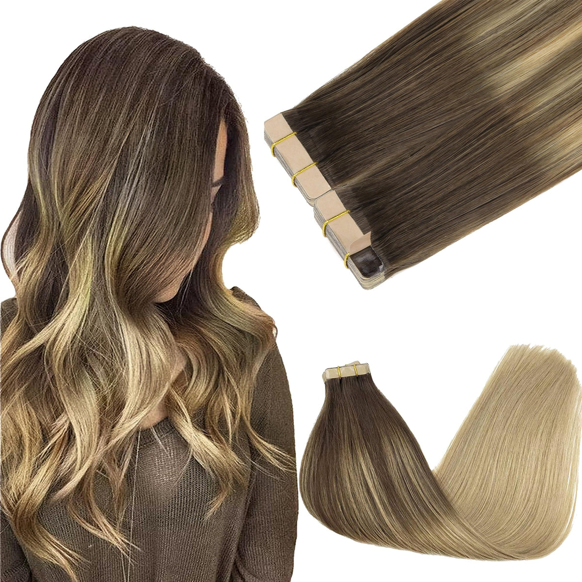 GOO GOO Tape in Hair Extensions 16inch Balayage front view