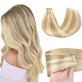 GOO GOO Tape in Hair Extensions 16inch dark blonde highlighted front view