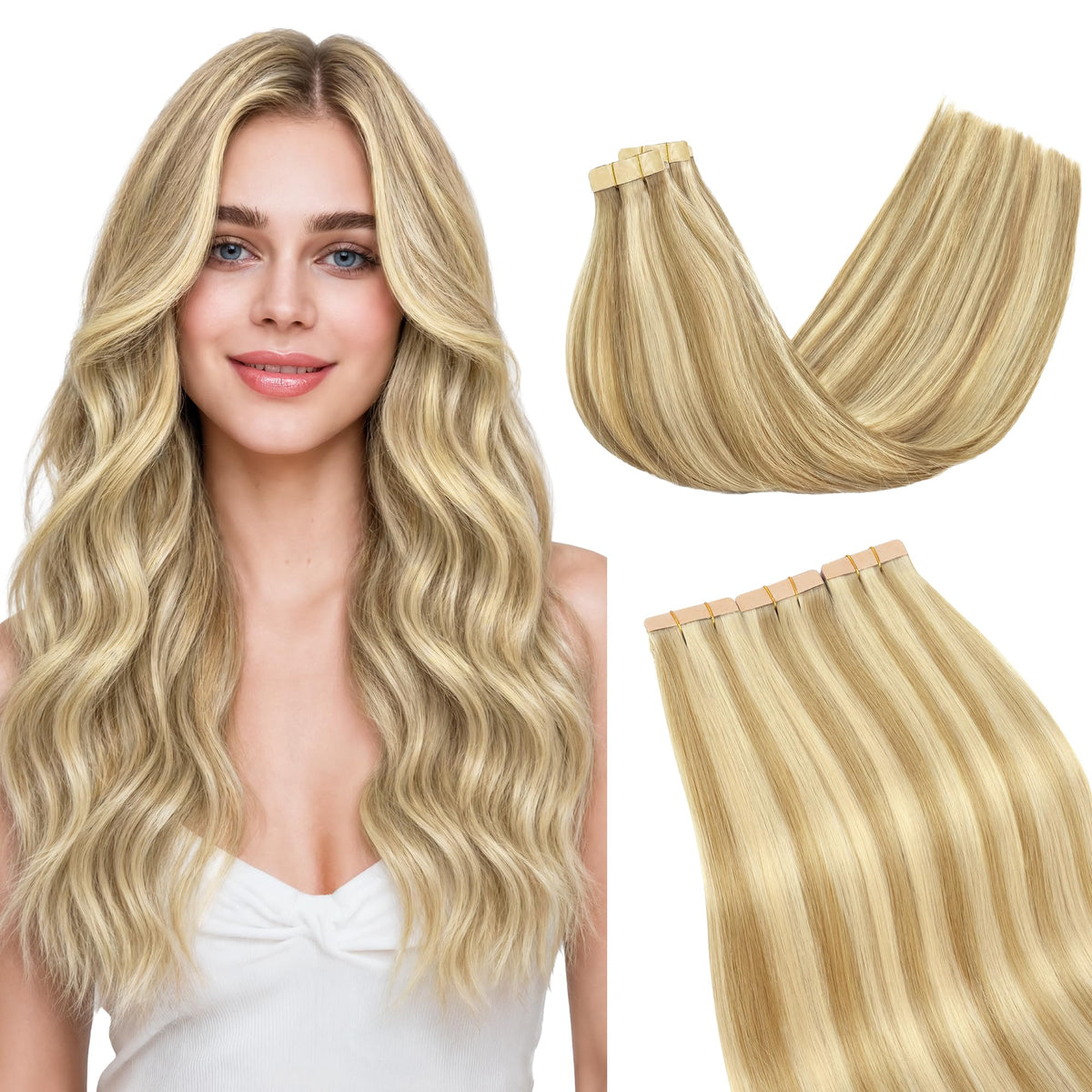 GOO GOO Tape in Hair Extensions 16inch Light Blonde front view