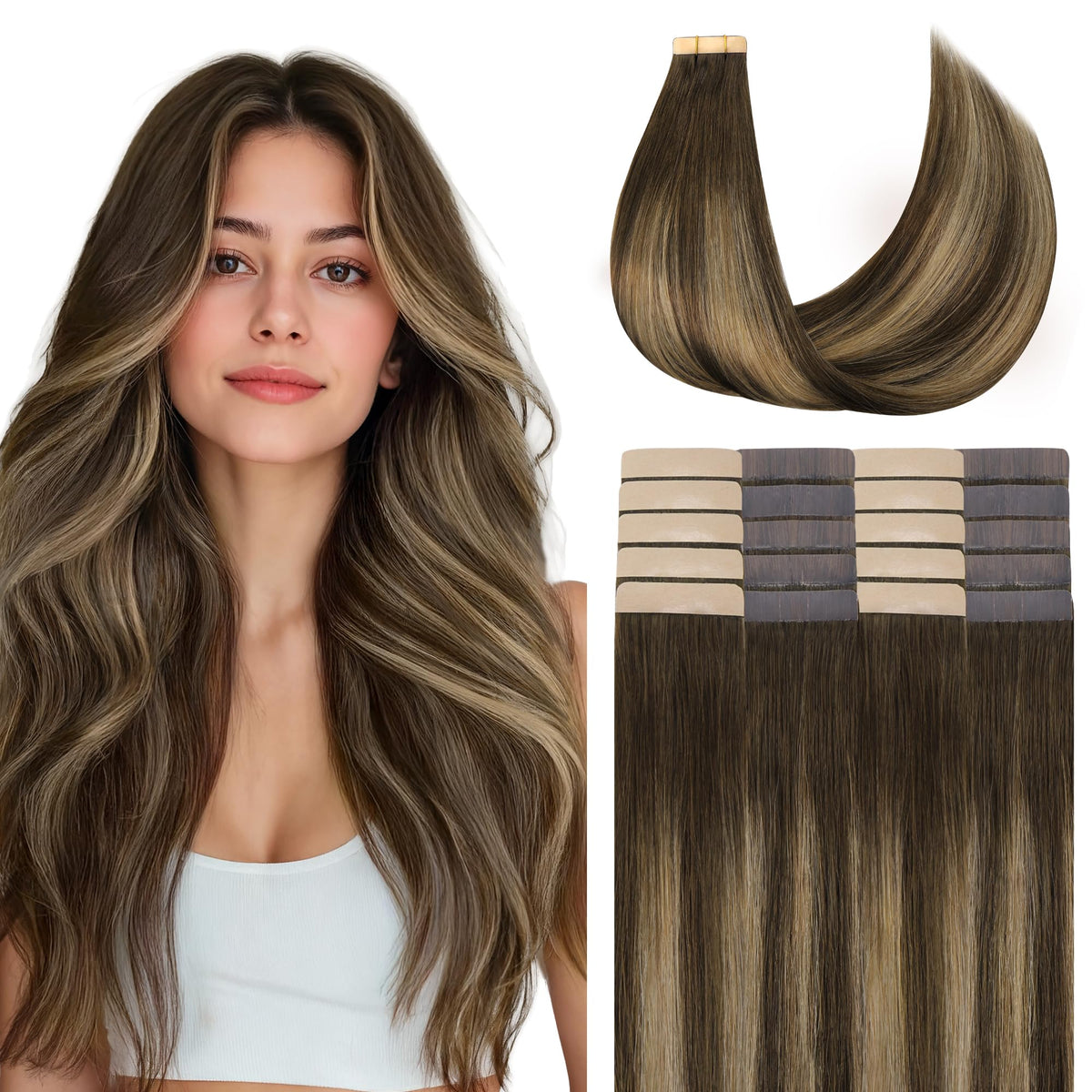 GOO GOO Tape in Hair Extensions 18 Inch Balayage 4/27/4 front view