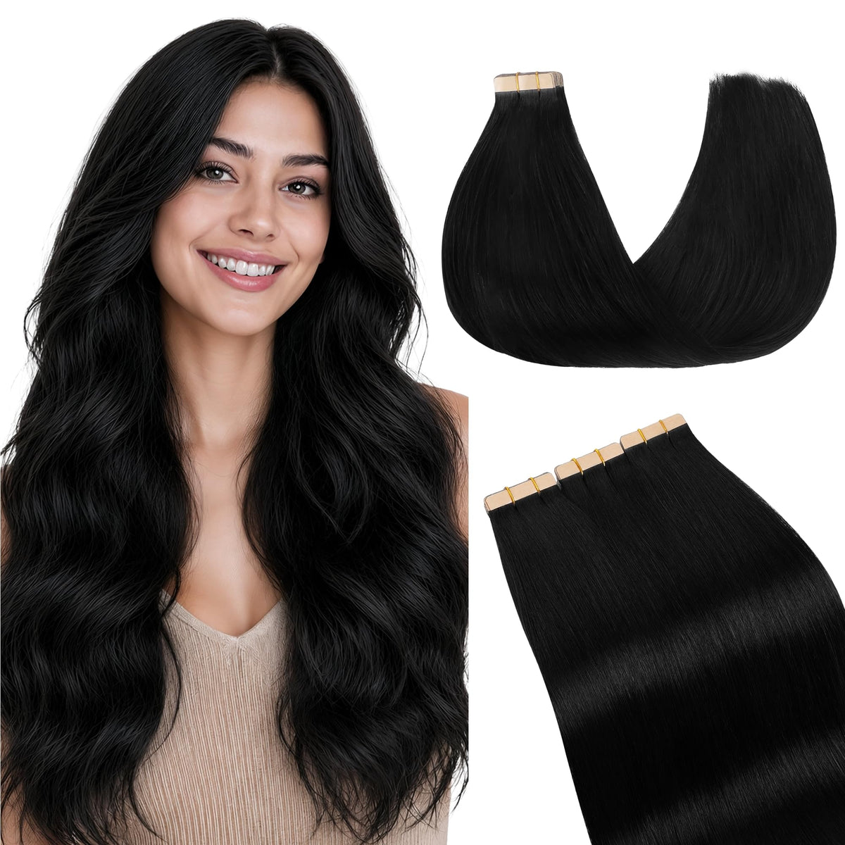 GOO GOO Tape in Hair Extensions 18 inch jet black front view