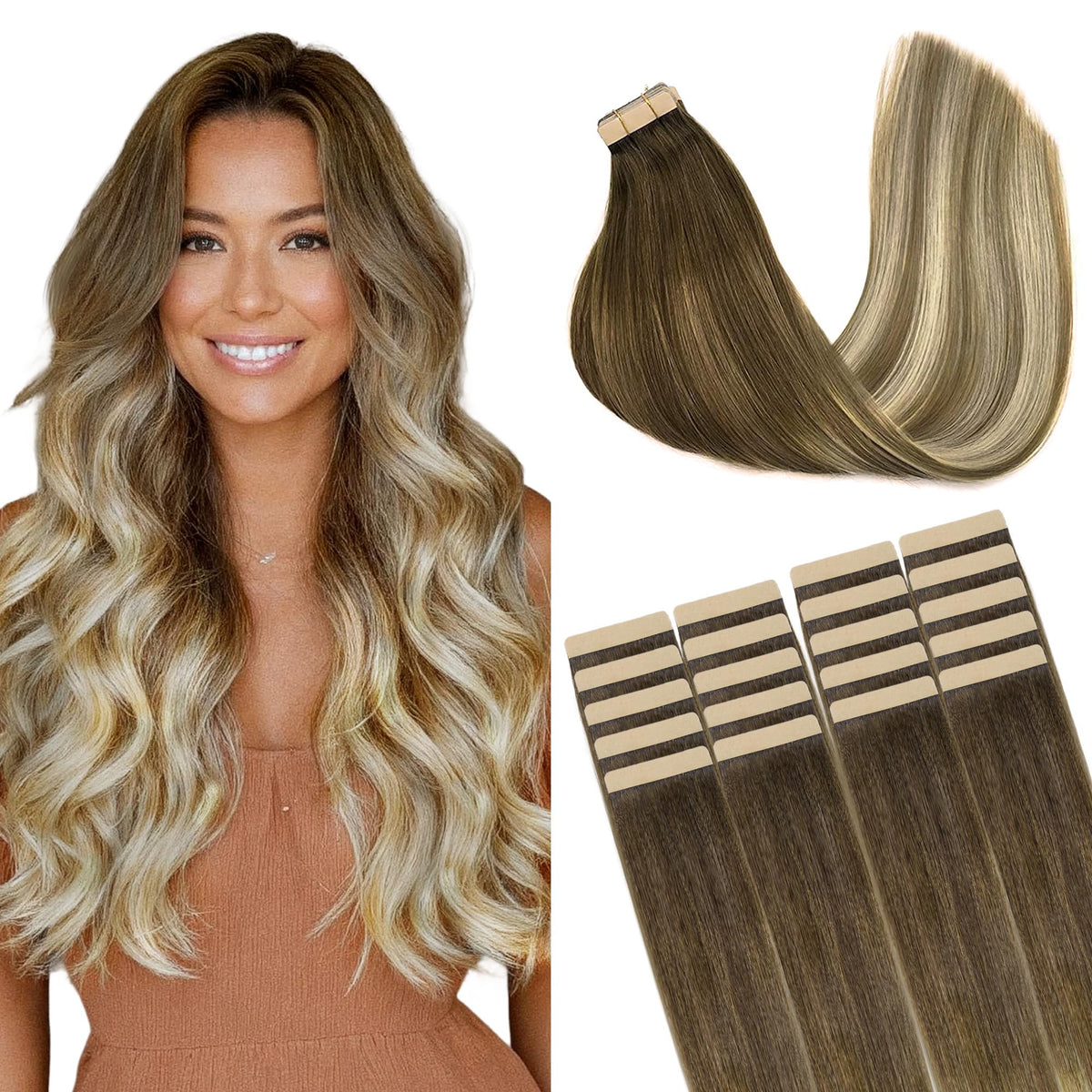 GOO GOO Tape in Hair Extensions 18 Inch Walnut Brown front view