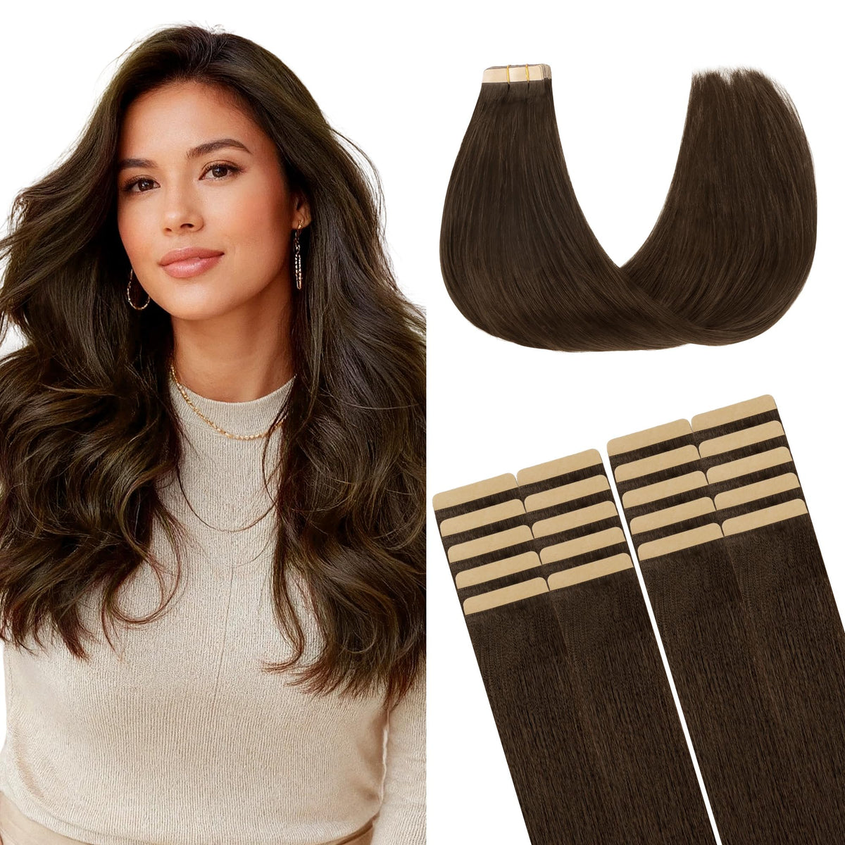 GOO GOO Tape in Hair Extensions 18inch 4A Chocolate Brown front view