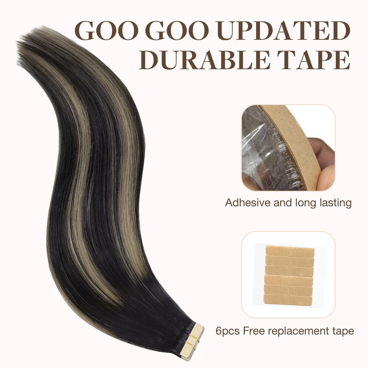GOO GOO Tape in Hair Extensions 1B/19/1B close-up of tape