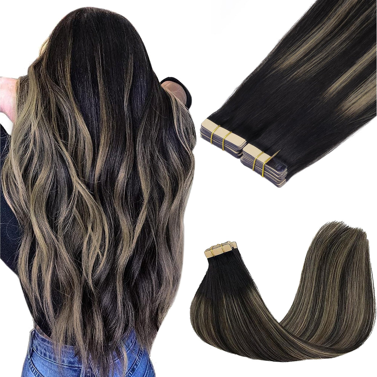 GOO GOO Tape in Hair Extensions 1B/19/1B front view