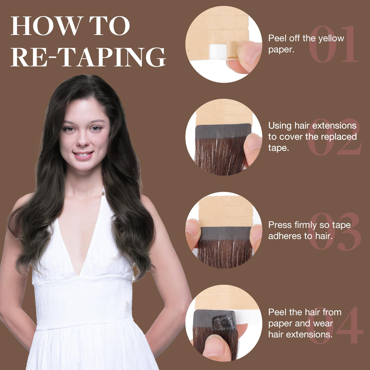GOO GOO Tape in Hair Extensions 1C Mocha Brown applied to model