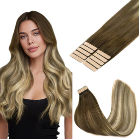 GOO GOO Tape in Hair Extensions 20 inch Balayage Walnut to Ash Brown front view