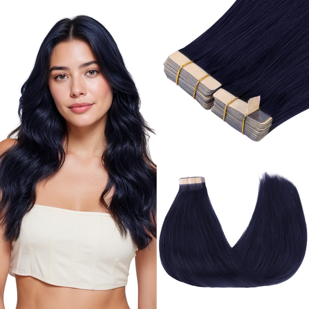 GOO GOO Tape in Hair Extensions 20 Inch Midnight Black front view