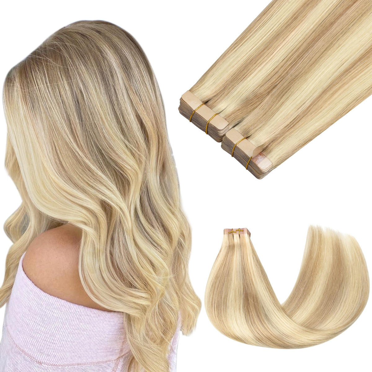 GOO GOO Tape in Hair Extensions 20inch Dark Blonde Highlighted front view