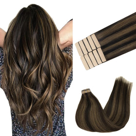 GOO GOO Tape in Hair Extensions 20inch dark brown highlighted chestnut brown front view