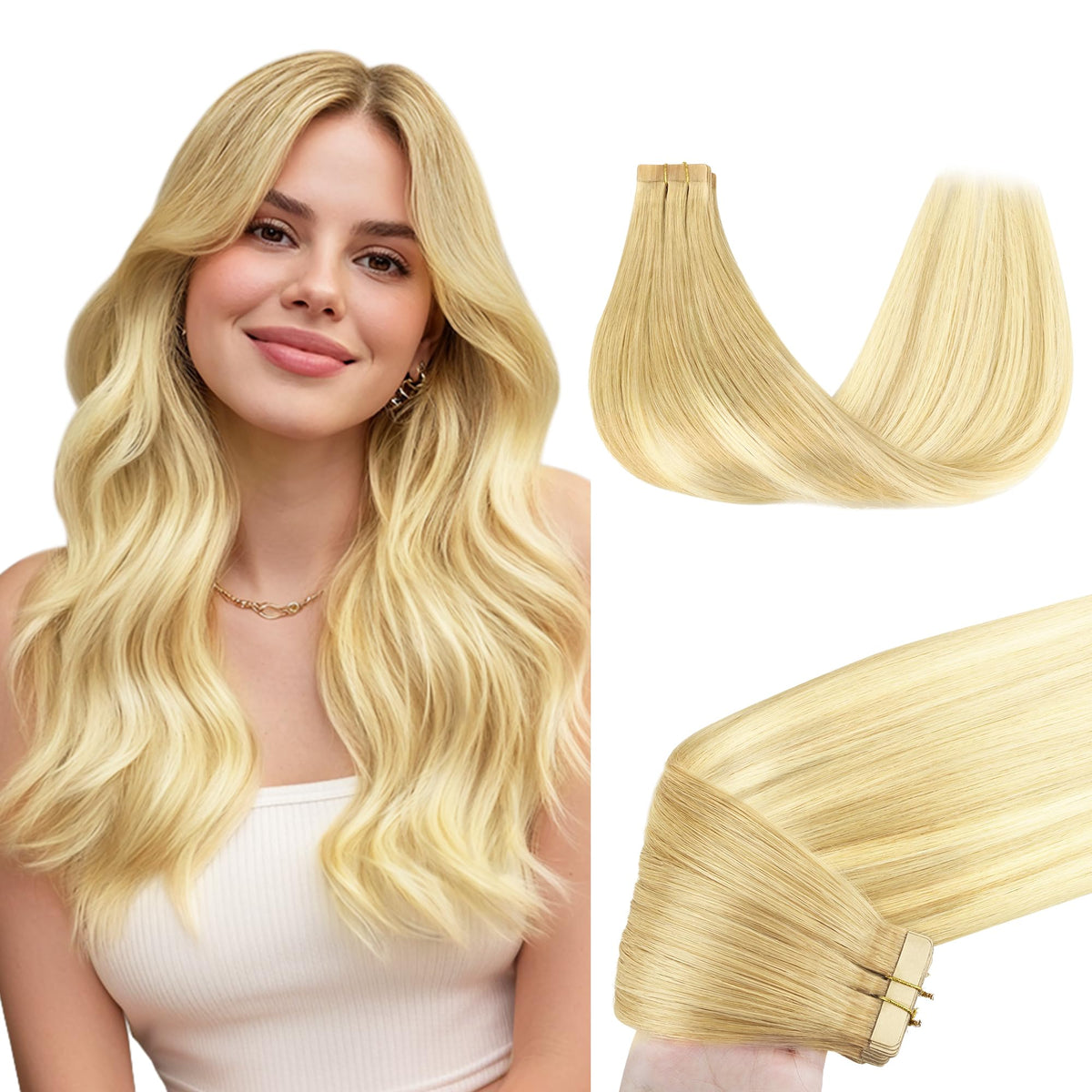 GOO GOO Tape in Hair Extensions 20inch Pearl Ash Blonde Highlights front view