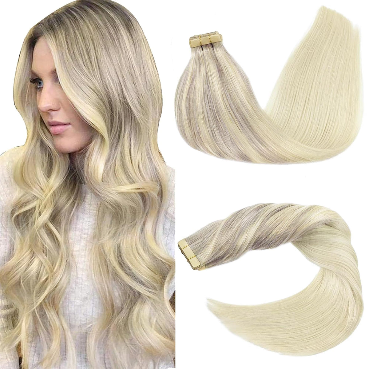 GOO GOO Tape in Hair Extensions 22 inch Ash Blonde front view