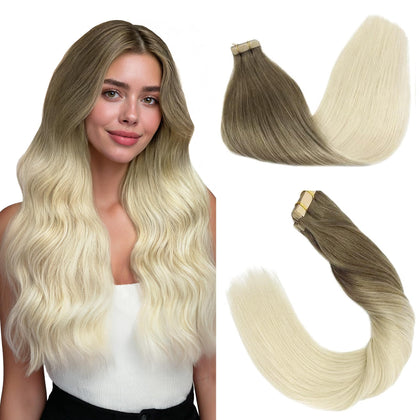 GOO GOO Tape in Hair Extensions 22 inch Balayage Ash Brown to Platinum Blonde front view