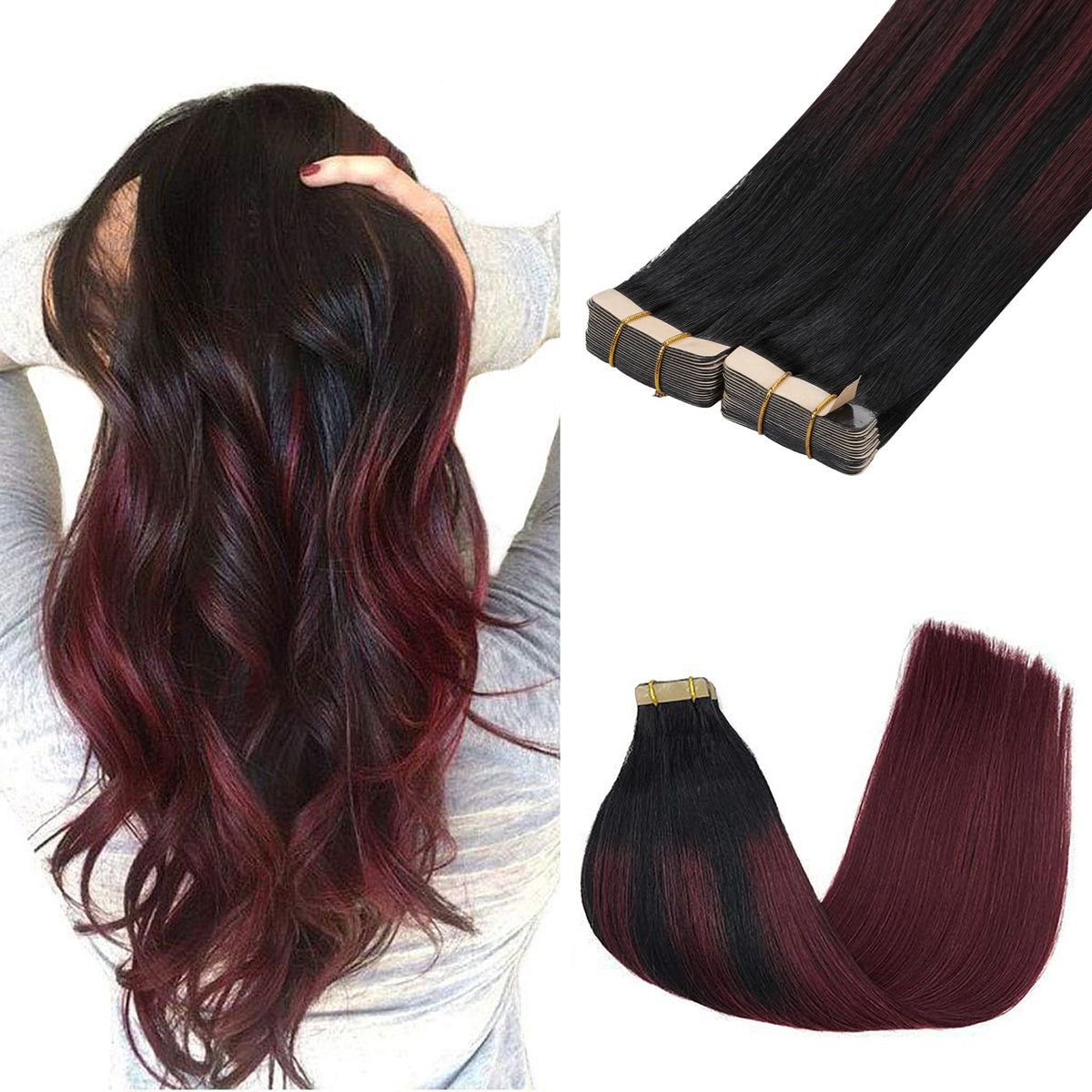 GOO GOO Tape In Hair Extensions 22inch #1/99J Balayage front view