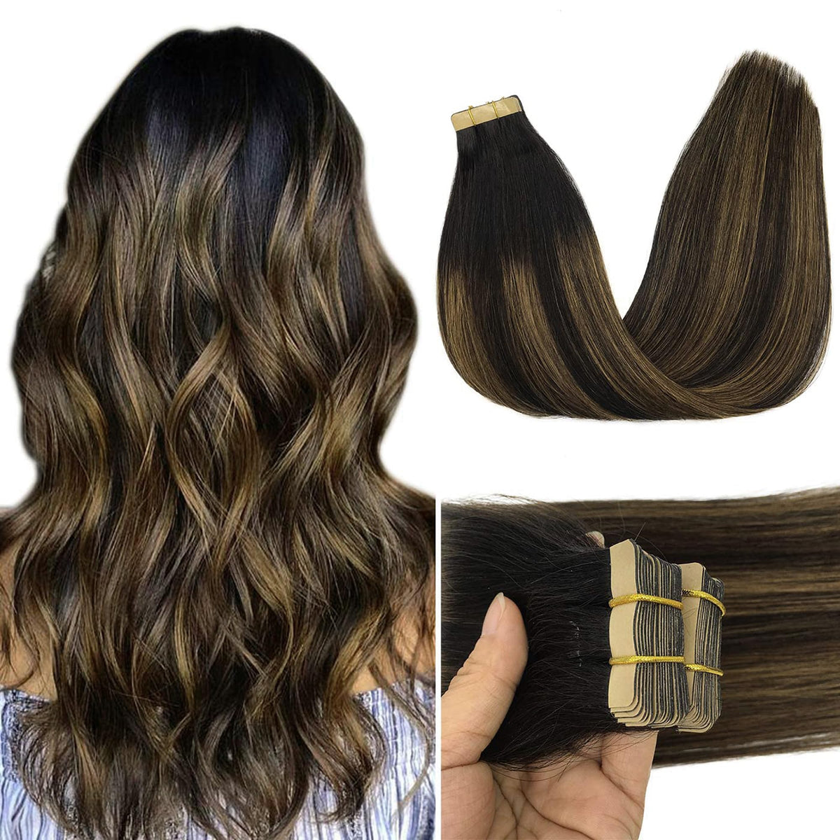 GOO GOO Tape in Hair Extensions 22inch Balayage 1B/6/1B front view