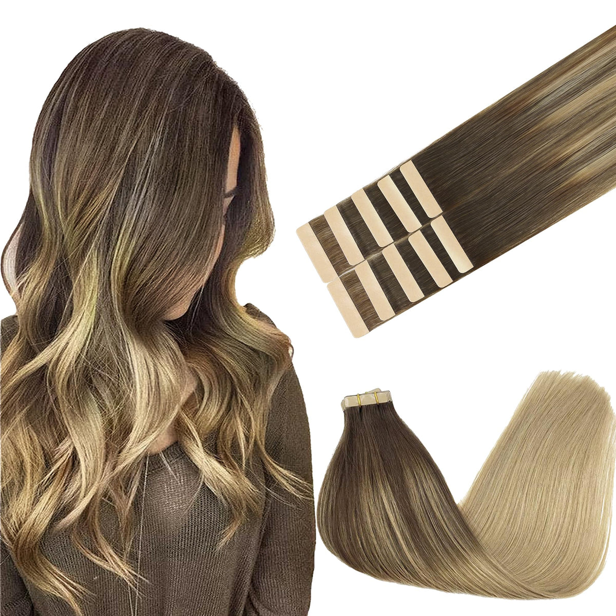 GOO GOO Tape in Hair Extensions 22inch Balayage Brown Blonde front view