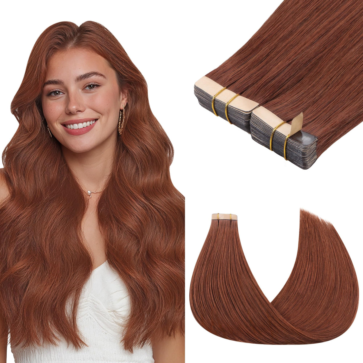 GOO GOO Tape in Hair Extensions 22inch Dark Auburn Copper front view