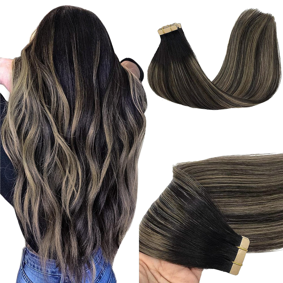 GOO GOO Tape in Hair Extensions 22inch Natural Black to Light Blonde front view