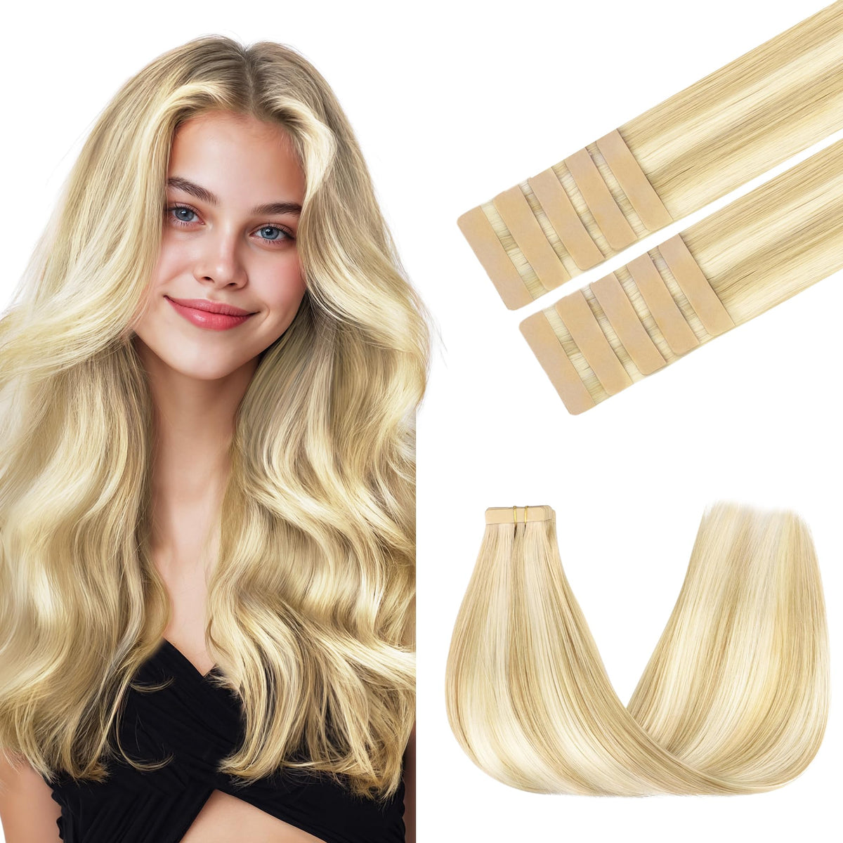 GOO GOO Tape in Hair Extensions 24 inch dirty blonde highlights front view