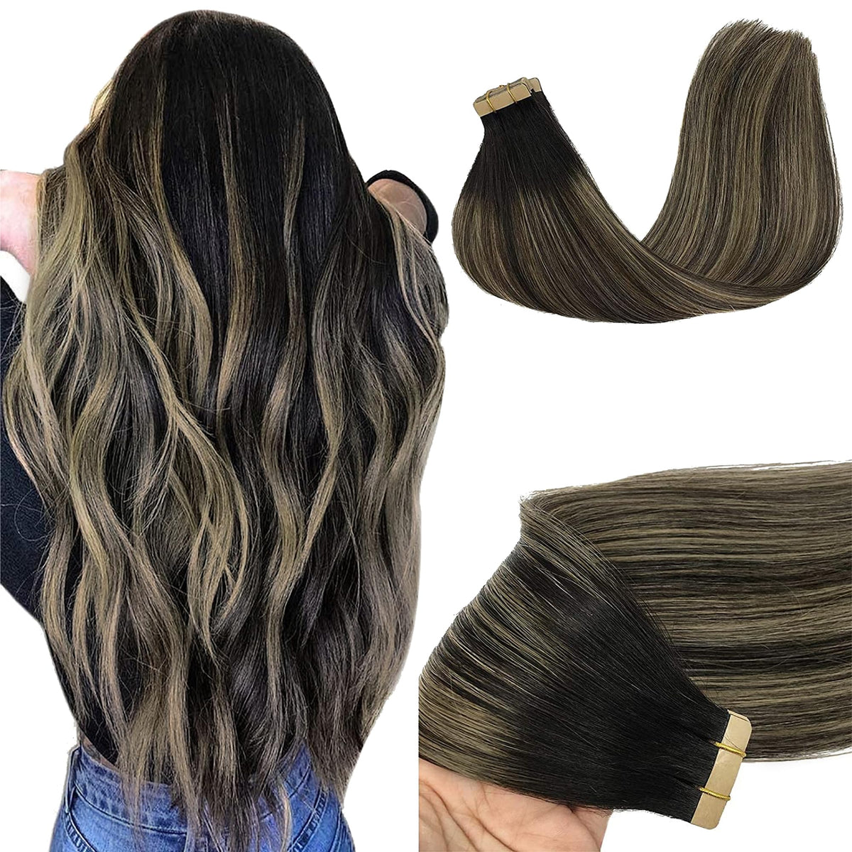 GOO GOO Tape in Hair Extensions 24 inch Natural Black to Light Blonde front view