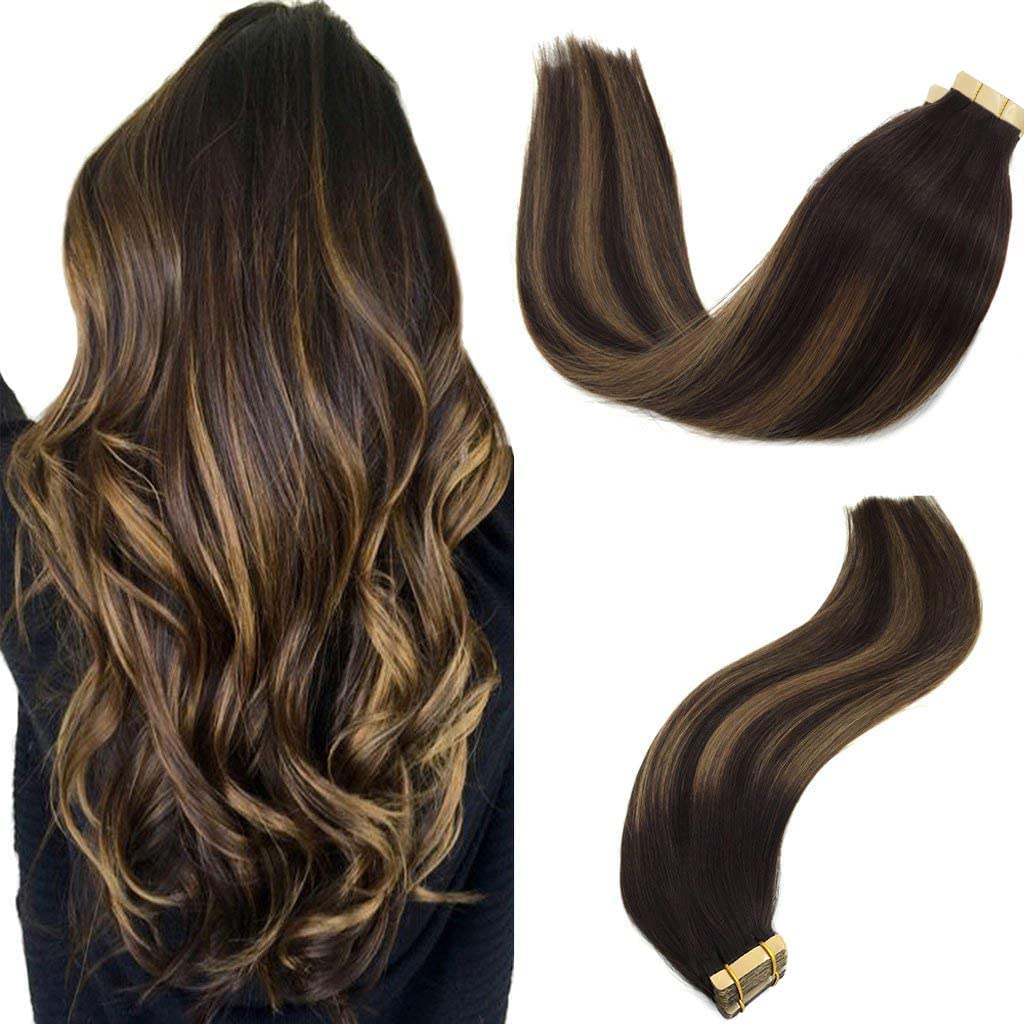 GOO GOO Tape in Hair Extensions 24inch Balayage Dark Brown front view