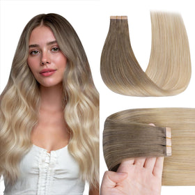 GOO GOO Tape in Hair Extensions 24inch Chocolate Brown to Champagne Blonde front view