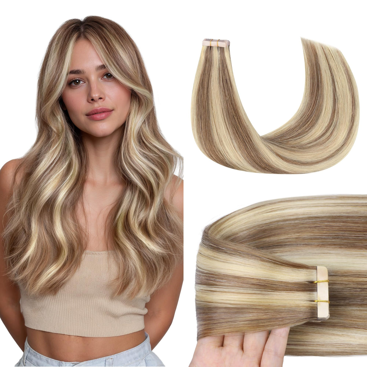 GOO GOO Tape in Hair Extensions 24inch golden blonde highlights front view