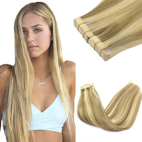 GOO GOO Tape in Hair Extensions 24inch Light Blonde Highlights front view