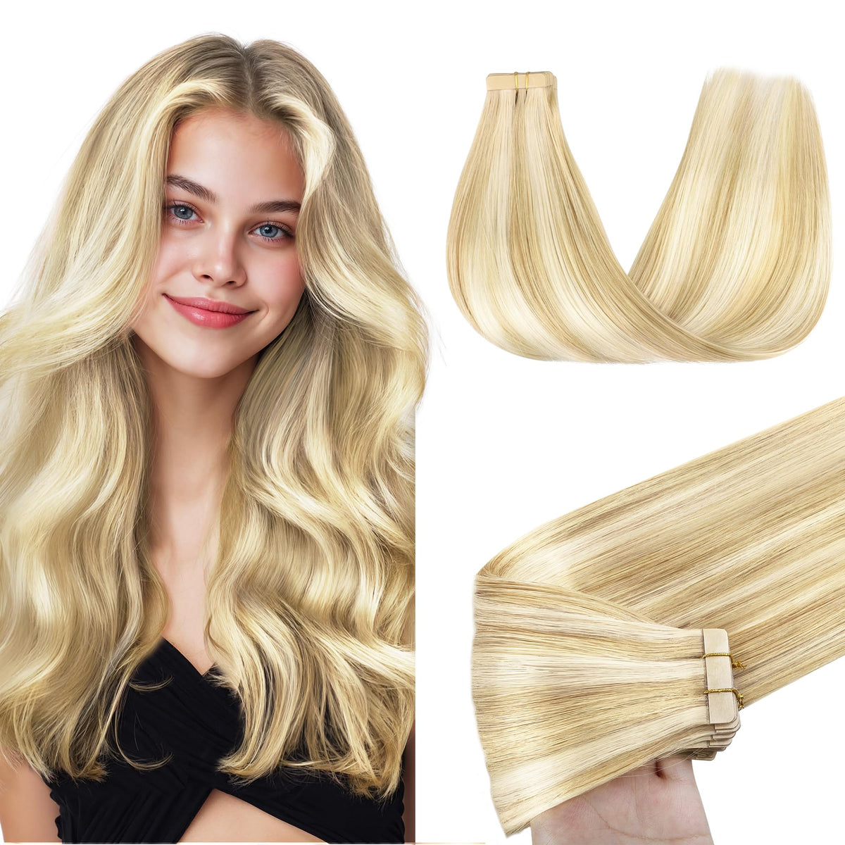 GOO GOO Tape in Hair Extensions 26 inch Dirty Blonde Highlights front view