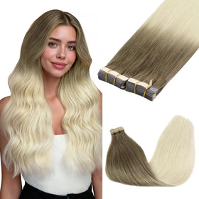 GOO GOO Tape in Hair Extensions 26inch Balayage Ash Brown to Platinum Blonde front view